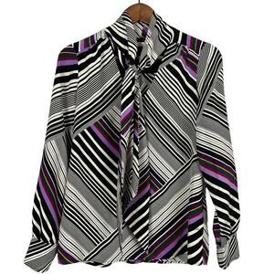 Trina Turk Blouse Kitty Bow Mod Stripe Print Keyhole Neckline - M